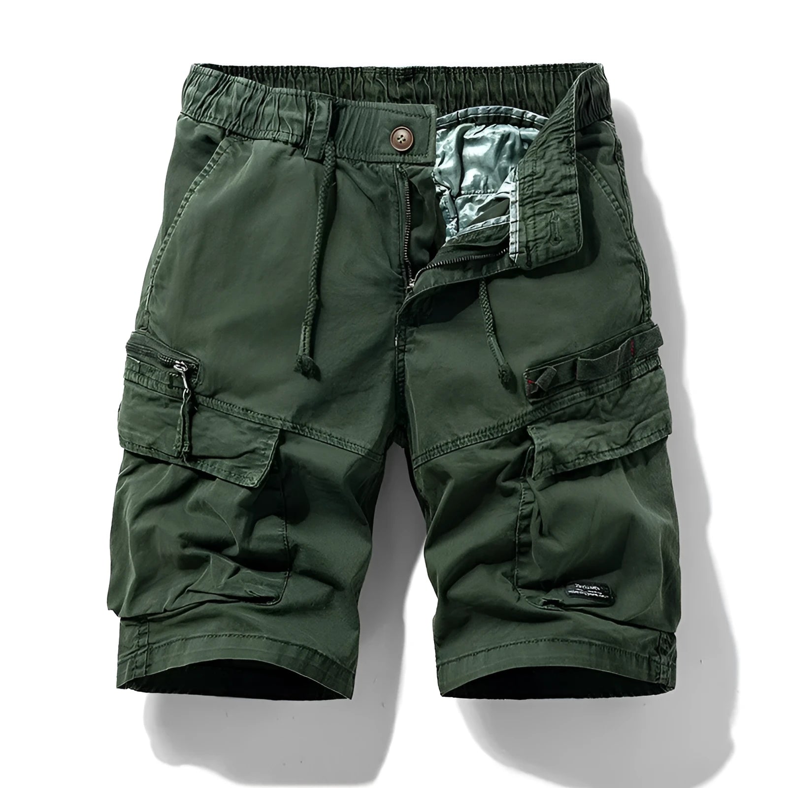 Men's cotton multi-pocket shorts in Army Green with zipper details and a Korean-style fifth-pants length.