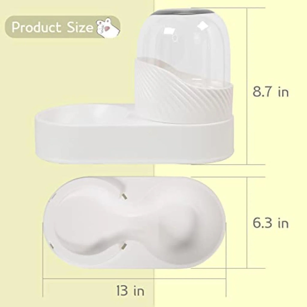 White automatic cat feeder and water dispenser set with wave-shaped design on a floor.
