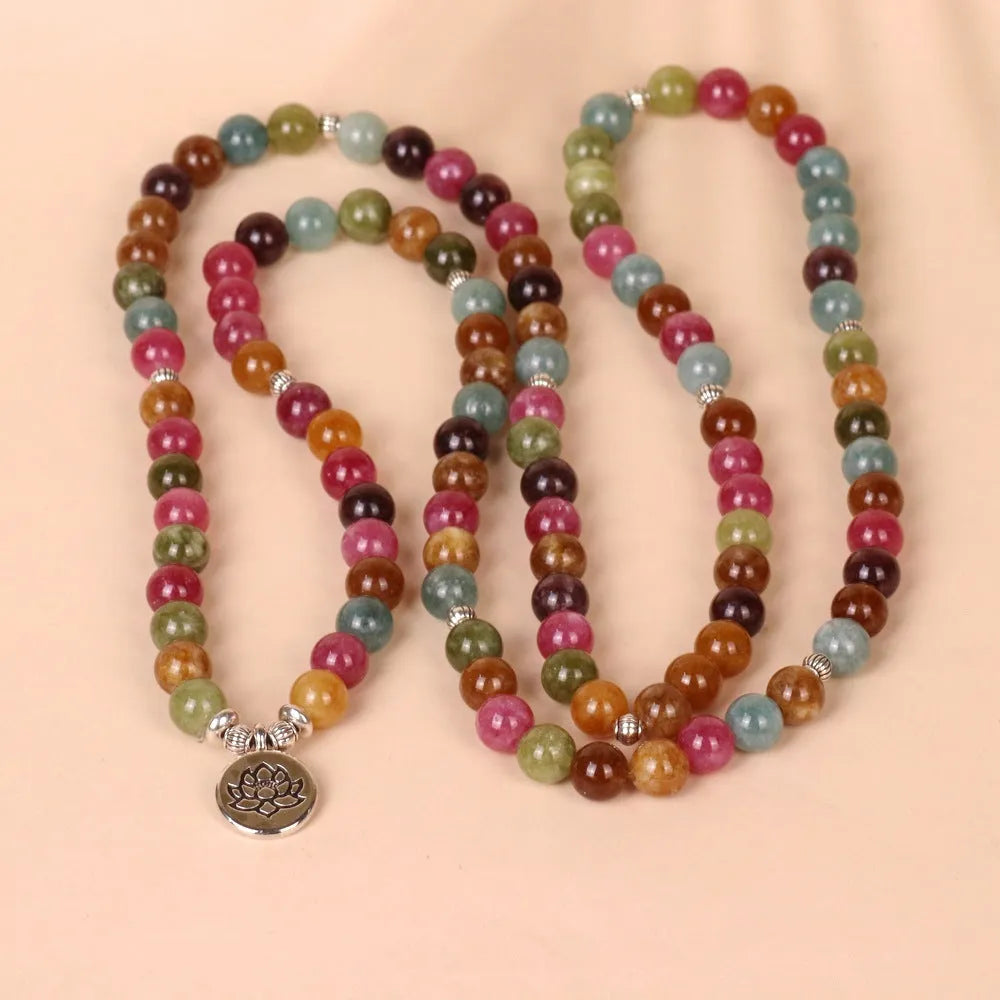 Tourmaline coloured alloy bracelet with 108 beads in lotus hanging multi-layer design