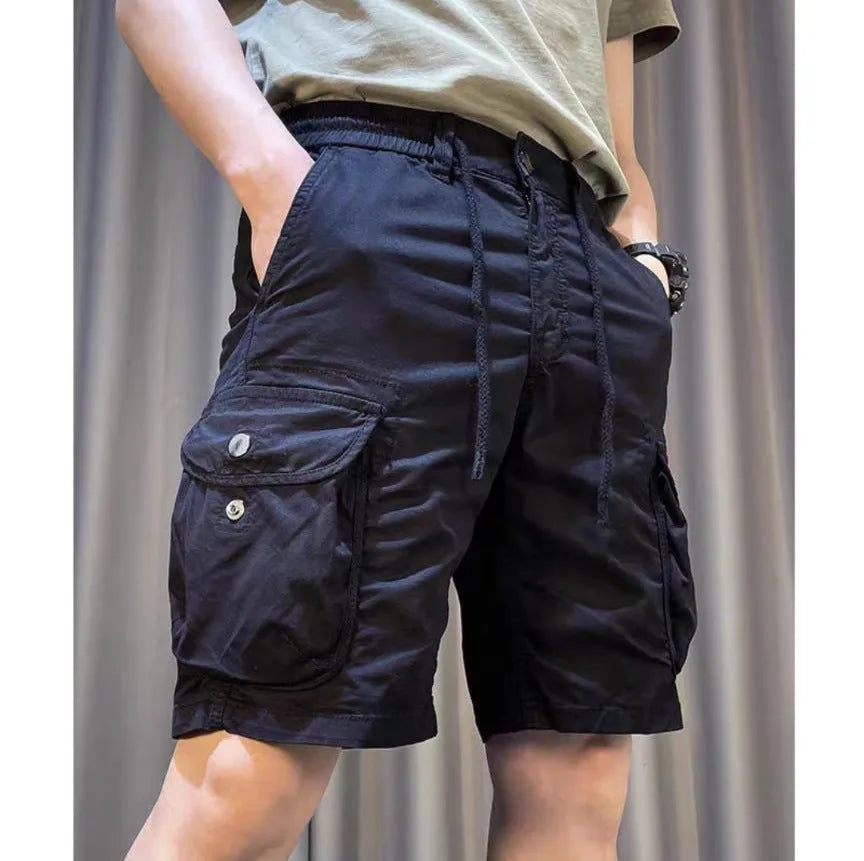 Korean style loose straight-leg casual overalls pants with multiple pockets in black.