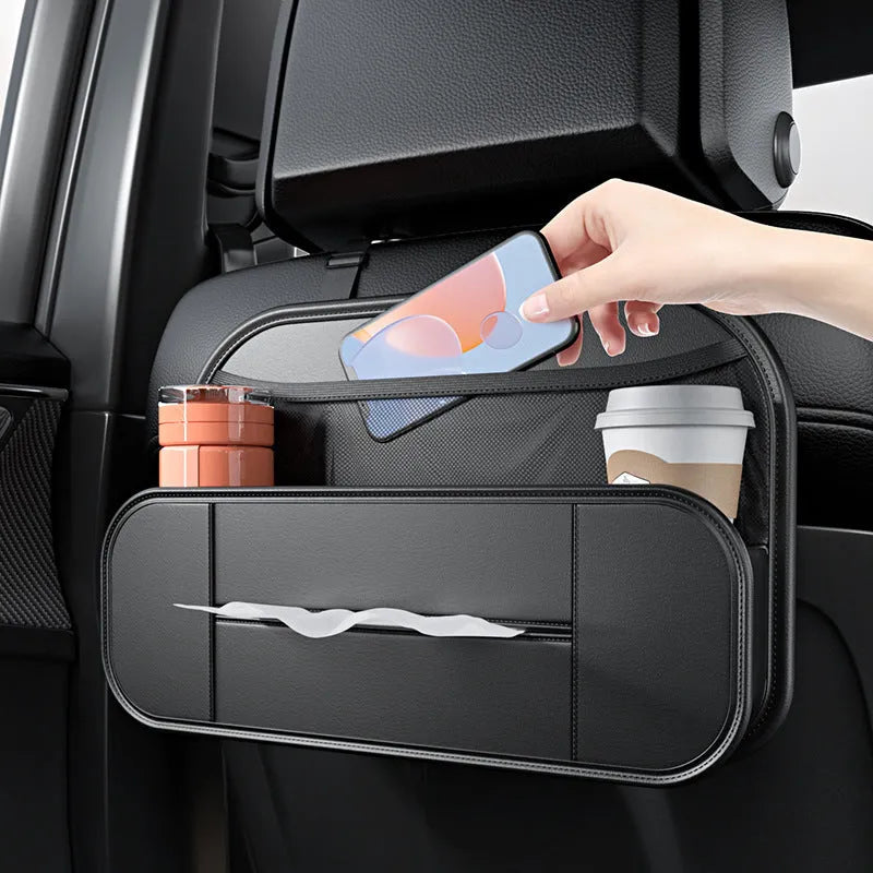 Black leather car seat back storage bag shown with dimensions 36cm wide by 24cm tall.