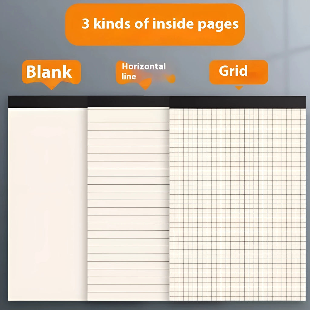 Set of A5, B5 and A4 writing pads with blank, grid and lined paper options showing tearable pages