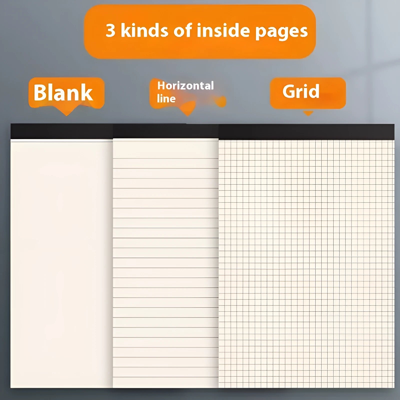 Set of A5, B5 and A4 writing pads with blank, grid and lined paper options showing tearable pages