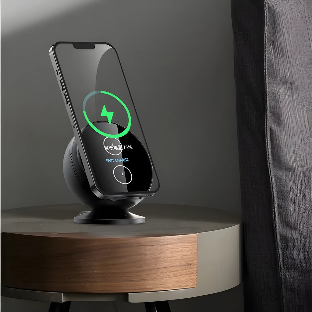 XC-11 multifunctional wireless charging phone holder with integrated Bluetooth speaker in black