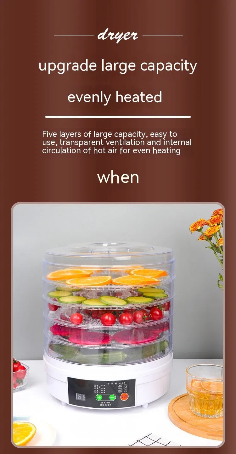 Household food dehydrator with multiple stackable drying trays on a kitchen worktop.