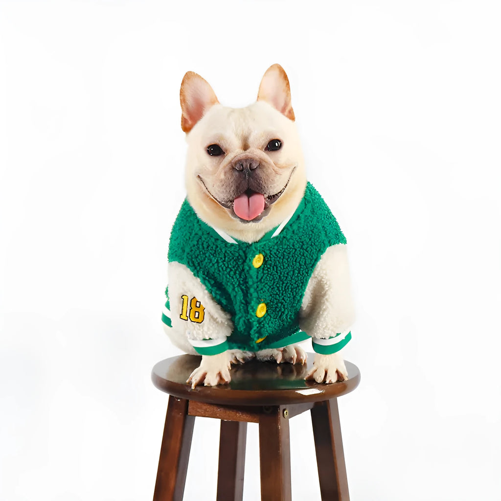 Green fleece-lined cotton dog clothing for winter wear in multiple sizes