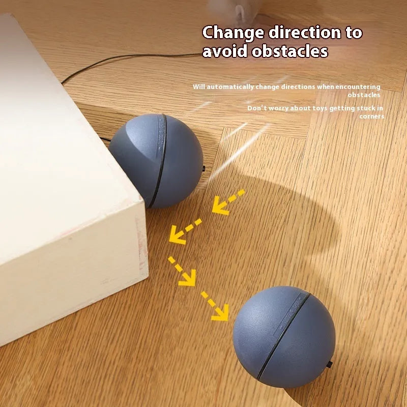 Blue orange automatic cat teaser ball with plush mouse attachment rolling on floor