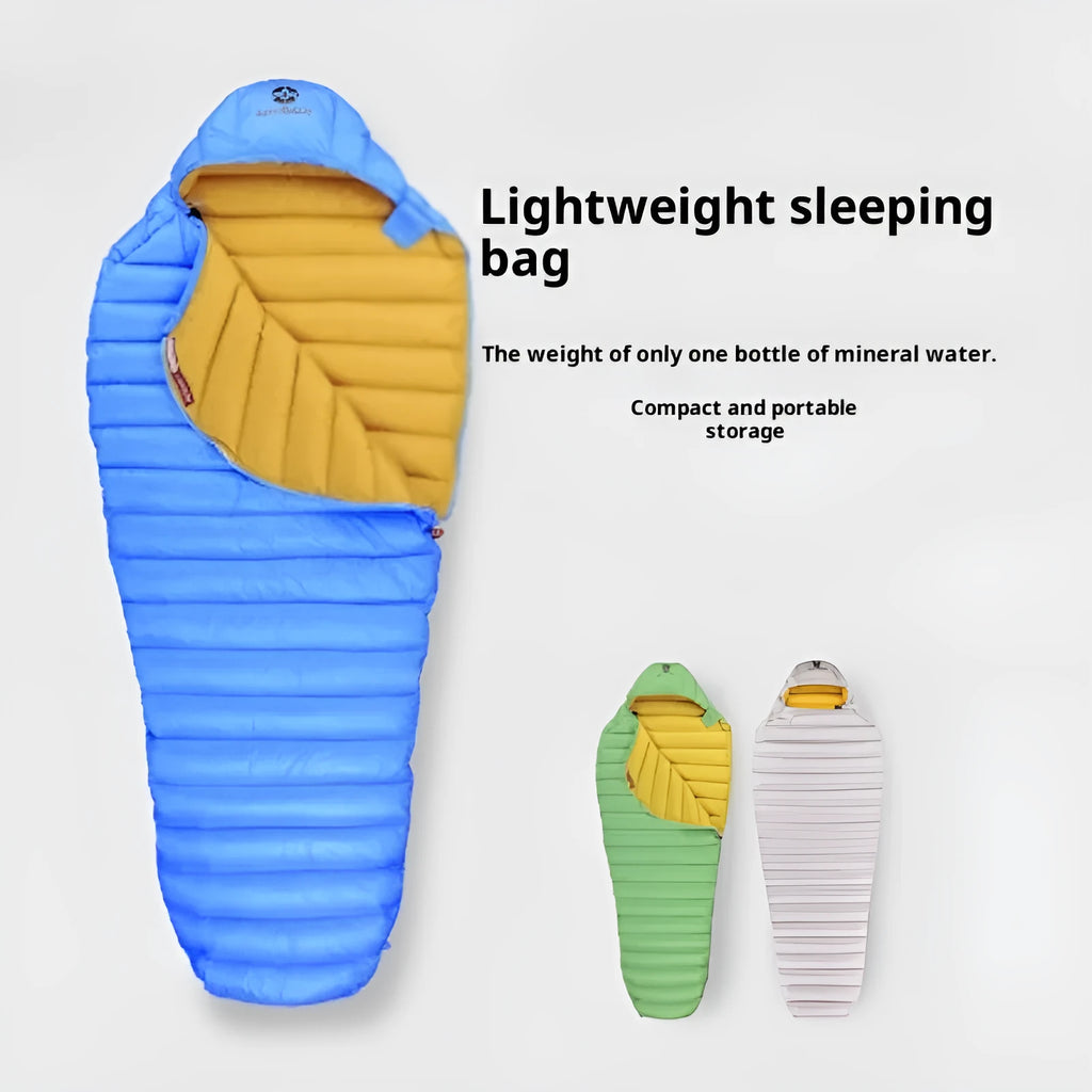 Ultralight goose down mummy sleeping bag in blue with nylon shell for outdoor camping adult use