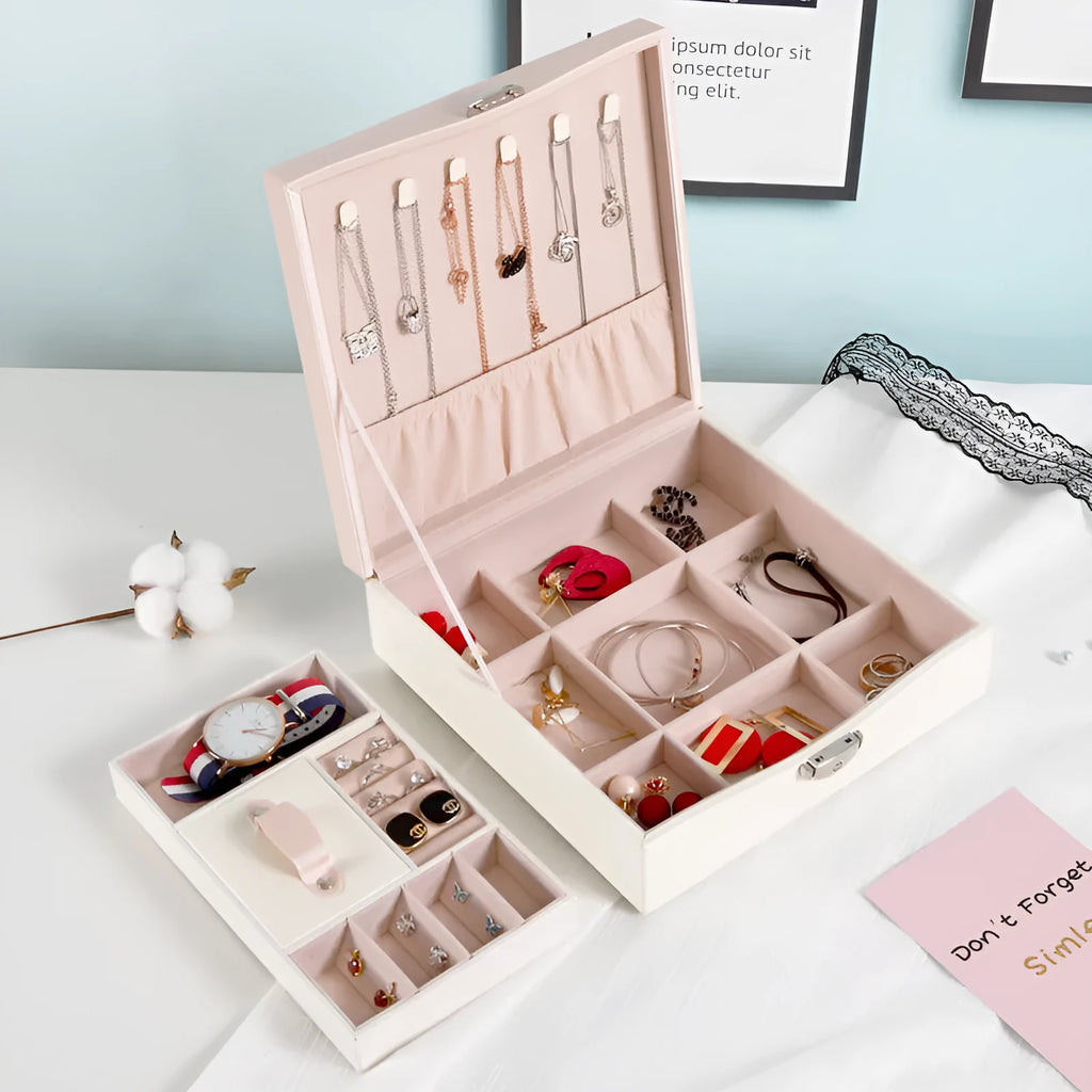 Red and white PU leather jewellery storage box with large capacity for necklace and ring organisation