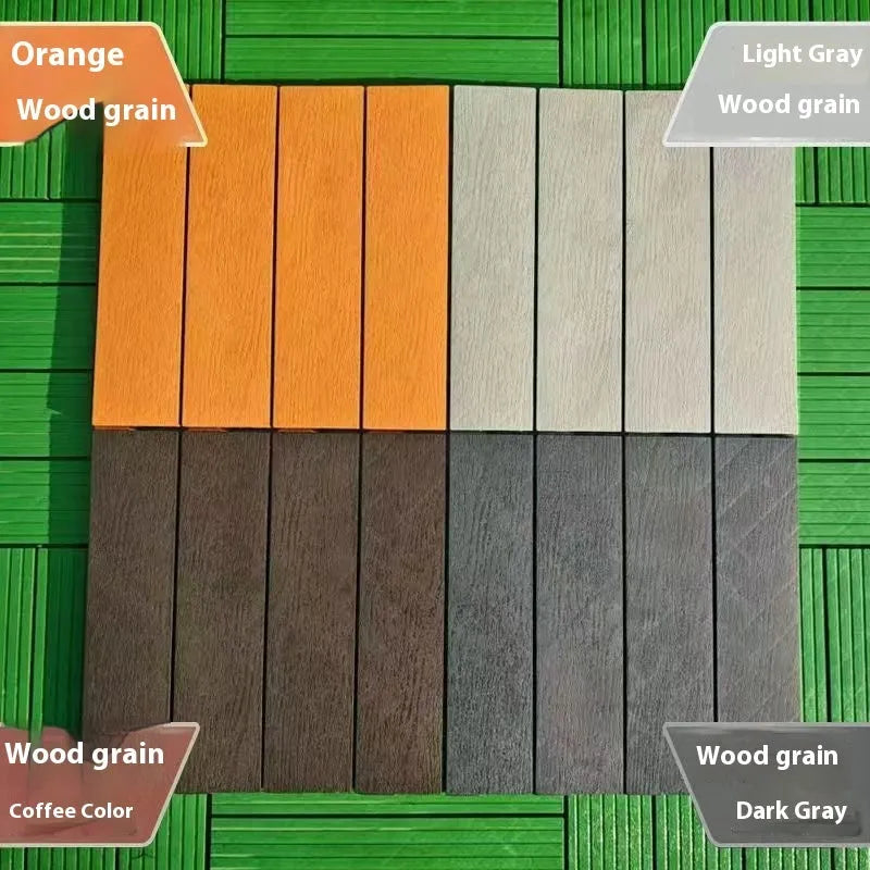 Wood grain plastic interlocking floor tile showing non-slip surface texture