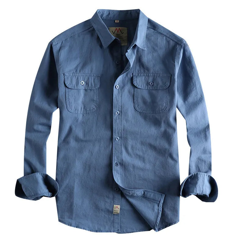 Men's light blue retro cotton long sleeve shirt with regular fit cardigan style