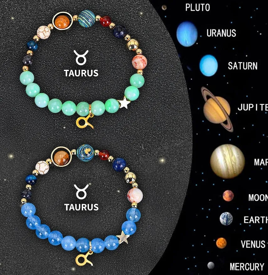 Two natural stone beaded bracelets with Chinese zodiac animal designs on elastic wristbands.