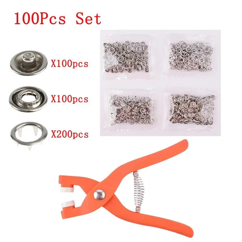 Stainless steel five claw suit buttons with pliers for no-sew clothing fastening on children's garments