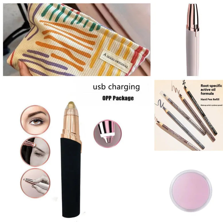 Eyebrow epilator pen with gold plated head and LED light on pink background