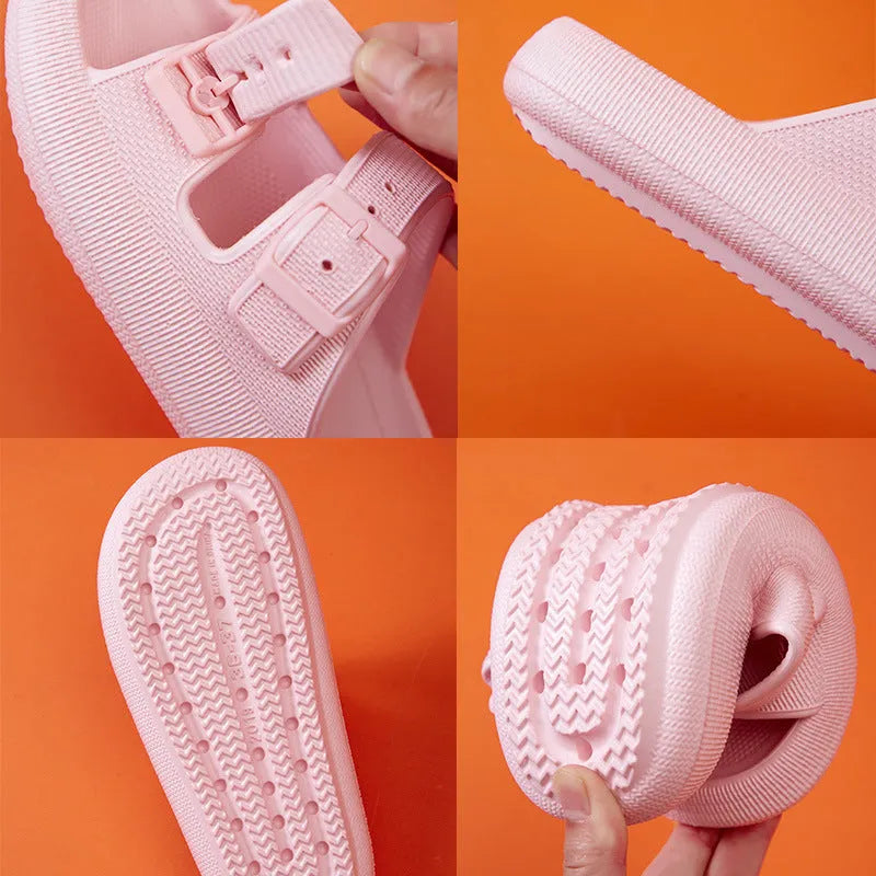 Women's summer platform slippers with buckle fastening, EVA sole, in black colour, side view