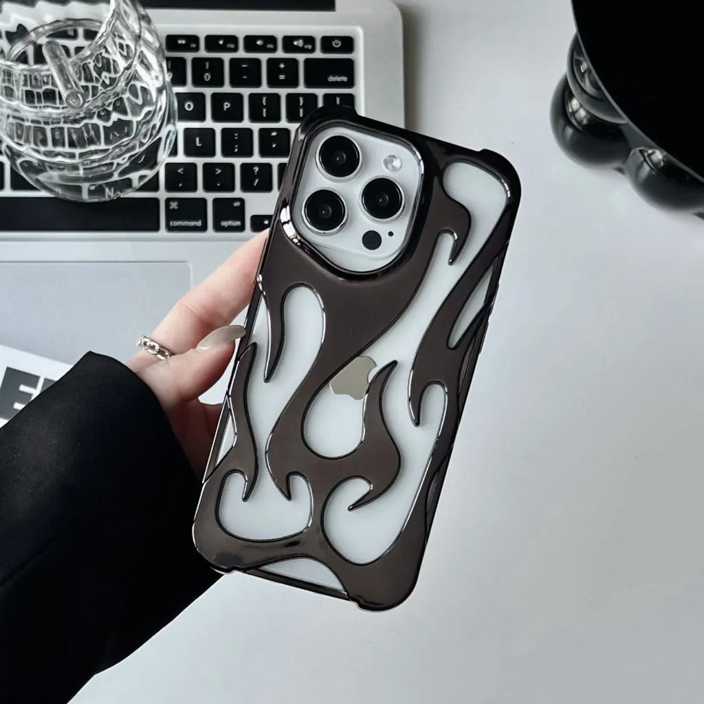 Electroplated hollow flame pattern iPhone case in silver with TPU soft shell construction