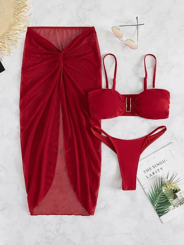 Women's multicolour bikini three-piece set with culotte skirt in French style