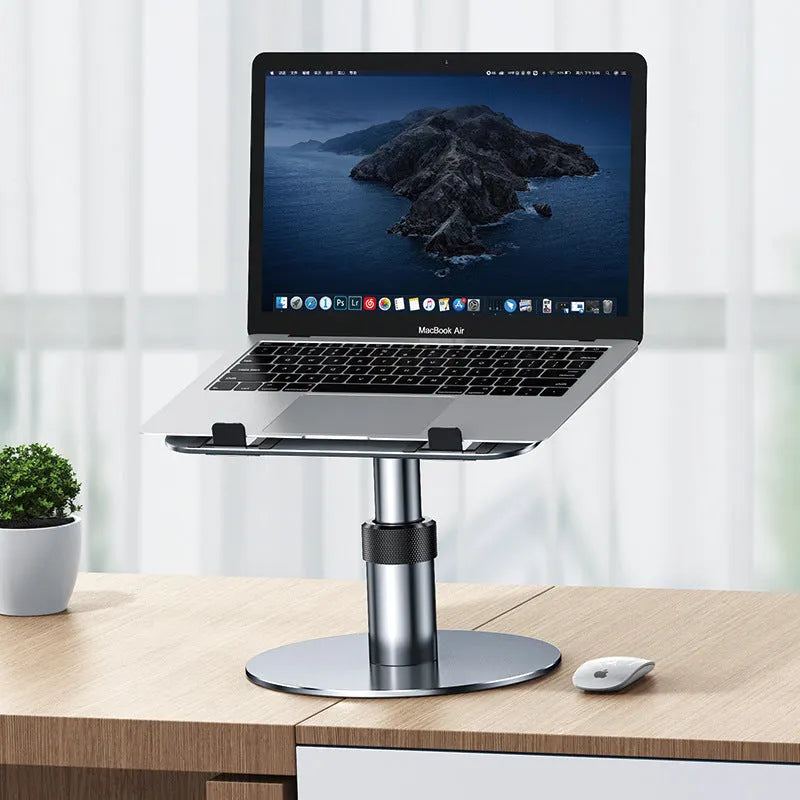 Silver adjustable aluminium car laptop stand with rotating base and non-slip pads.