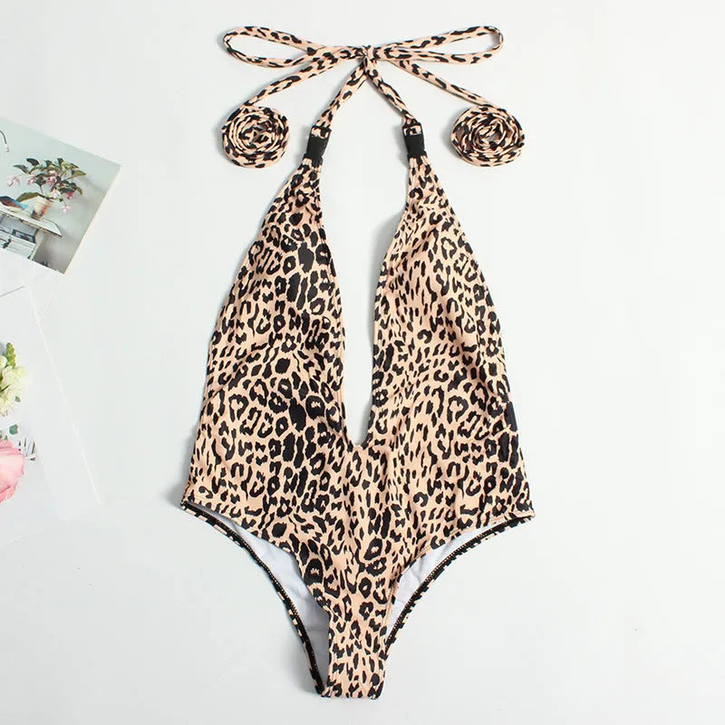 Backless one-piece leopard print swimsuit for women in red, snakeskin, yellow, silver white colours