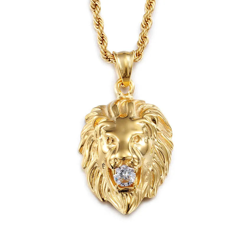 Gold alloy diamond lion's head men's pendant necklace with geometric shape