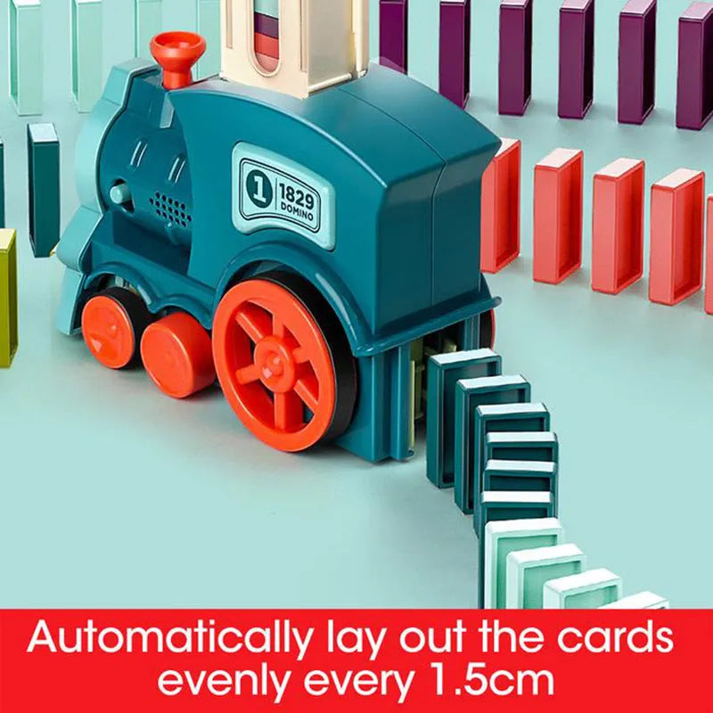 Domino train toy with 100 plastic dominoes in random colours, including toy train and card storage box
