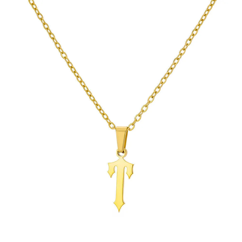 Gold stainless steel ancient English letter pendant necklace with O-ring chain on white background
