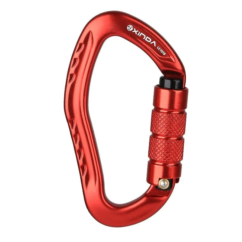 Automatic locking climbing carabiner hook in a selection of colours including black, blue, orange, red, and silver.