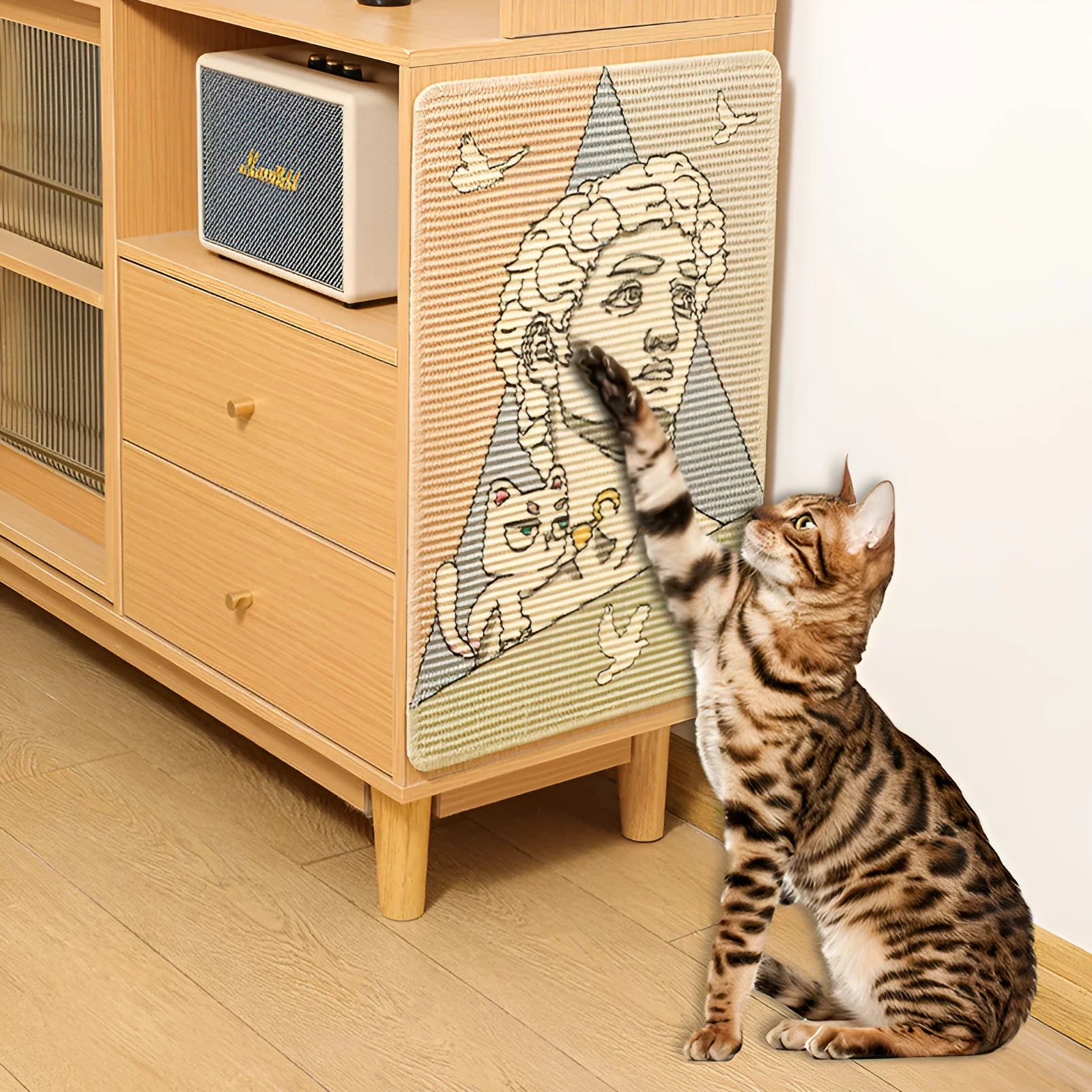 Printed sisal cat scratching pad 7mm thick with cartoon design, 33x55cm, reusable wall sticker for cats