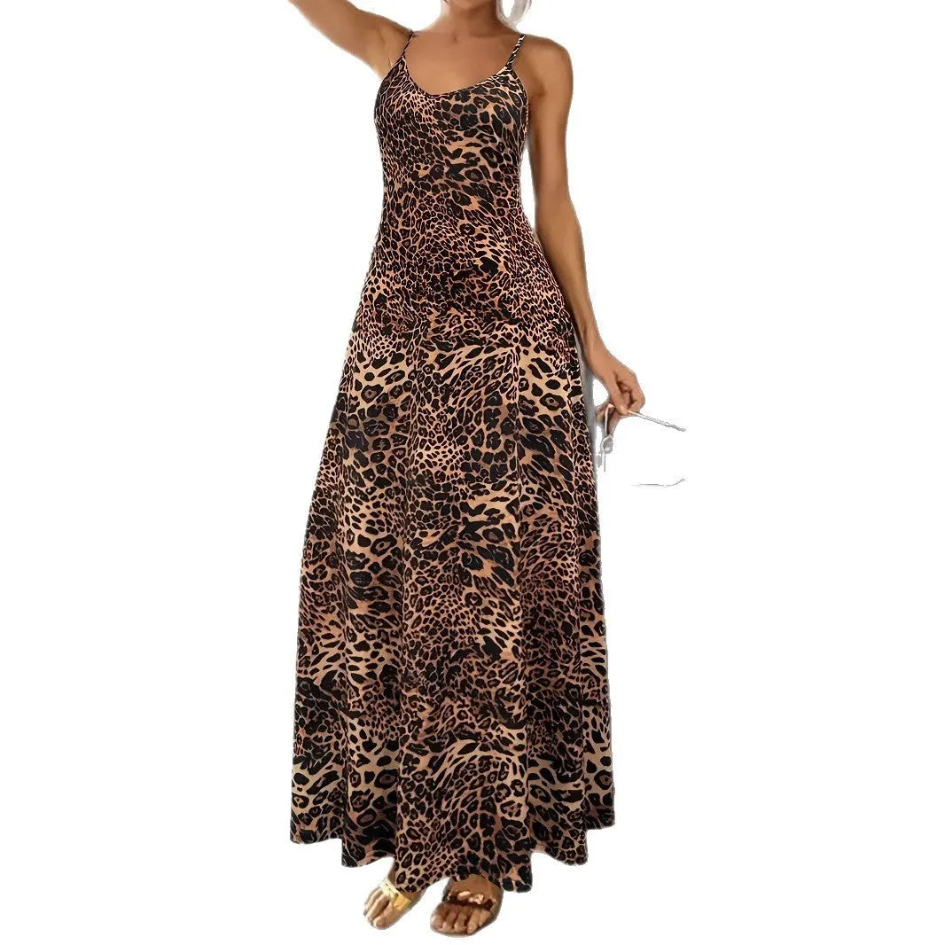 Dark brown leopard print sleeveless dress with round neck and mid waist hip skirt design