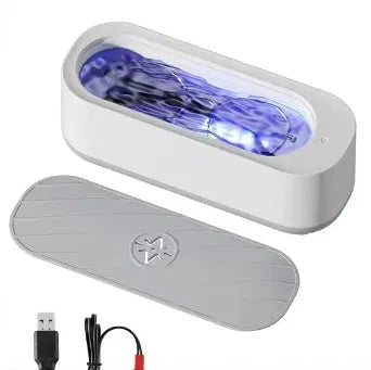 White ultrasonic glasses washing machine with compact design, USB power, and 200g weight
