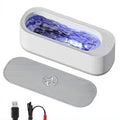 White ultrasonic glasses washing machine with compact design, USB power, and 200g weight