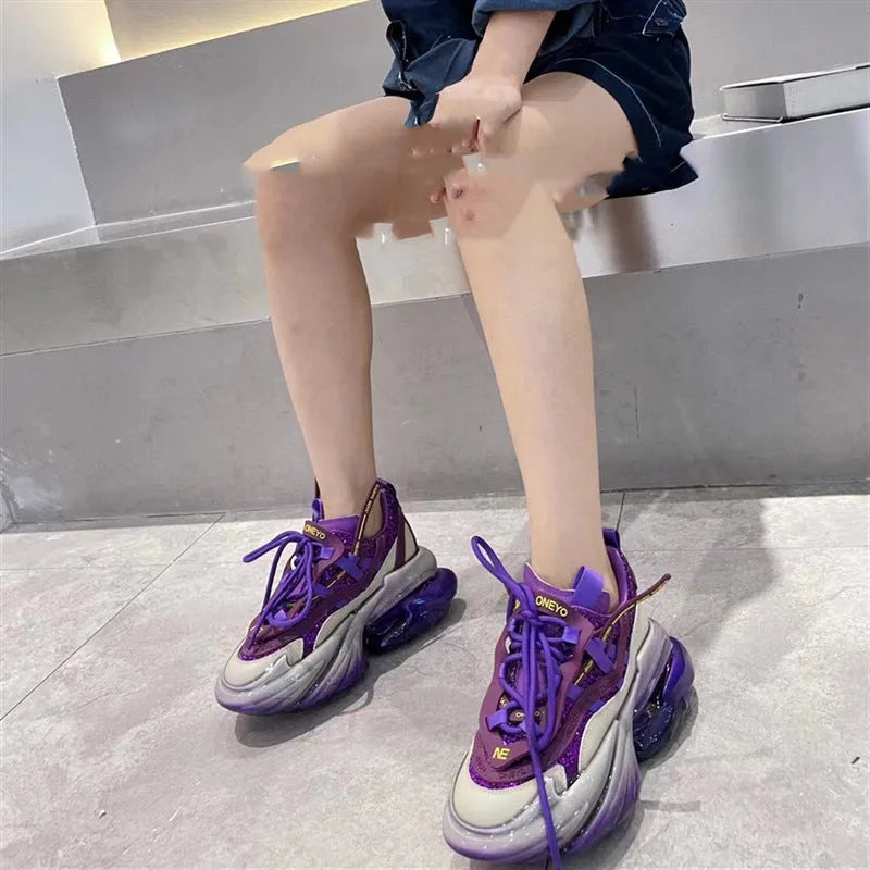 Women's leather sports shoes with thick jelly sole and cross-tie design in multiple colours