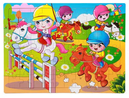 80-piece wooden animal puzzle set in iron box, designed for children aged 3 and over, featuring bear and riding themes