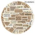 Set of 25 torn paper edge English design repositionable PVC stickers in assorted sizes.