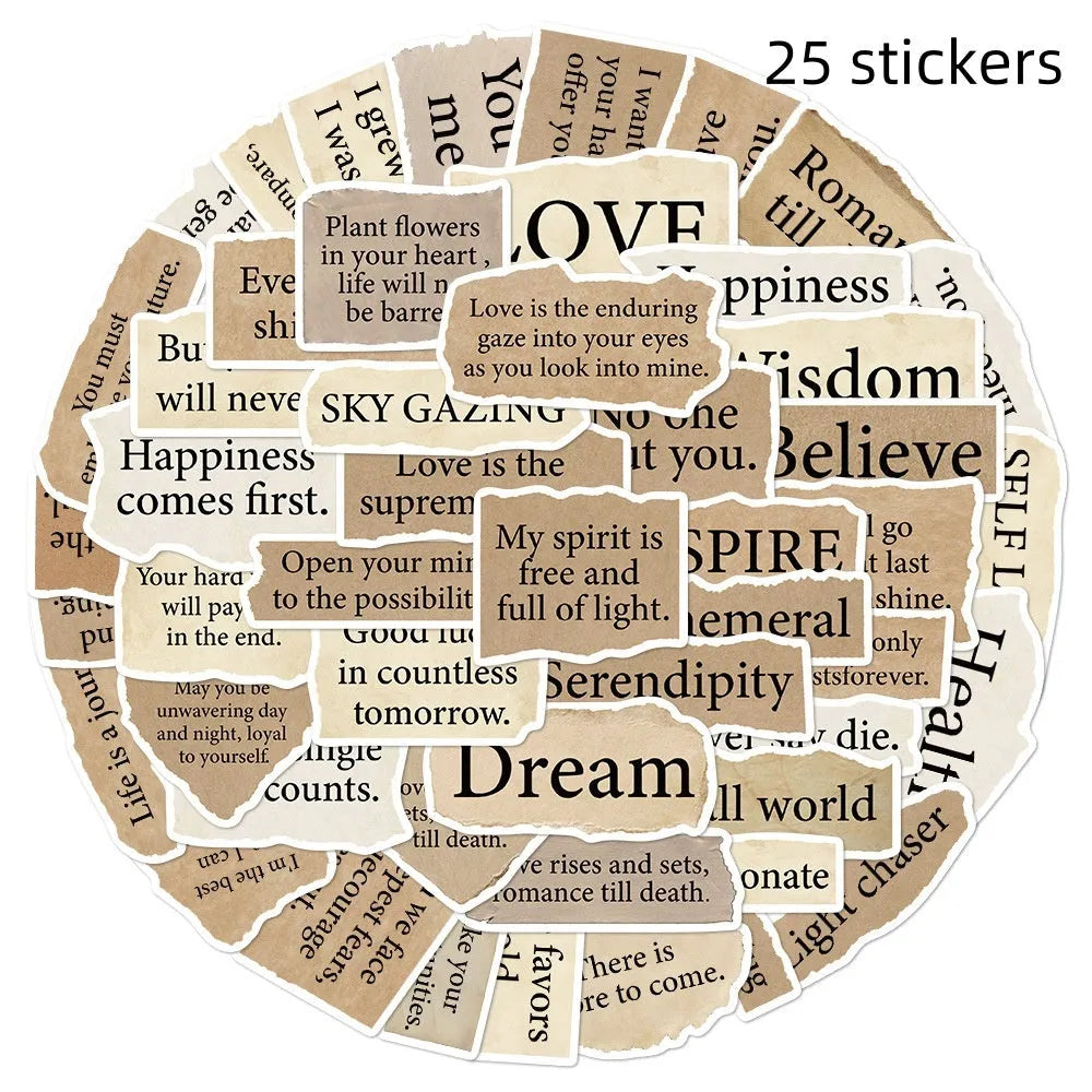 Set of 25 torn paper edge English design repositionable PVC stickers in assorted sizes.
