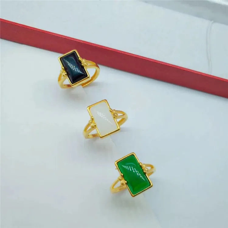 Adjustable brass gold-plated ring with long gemstone inlay in national style design