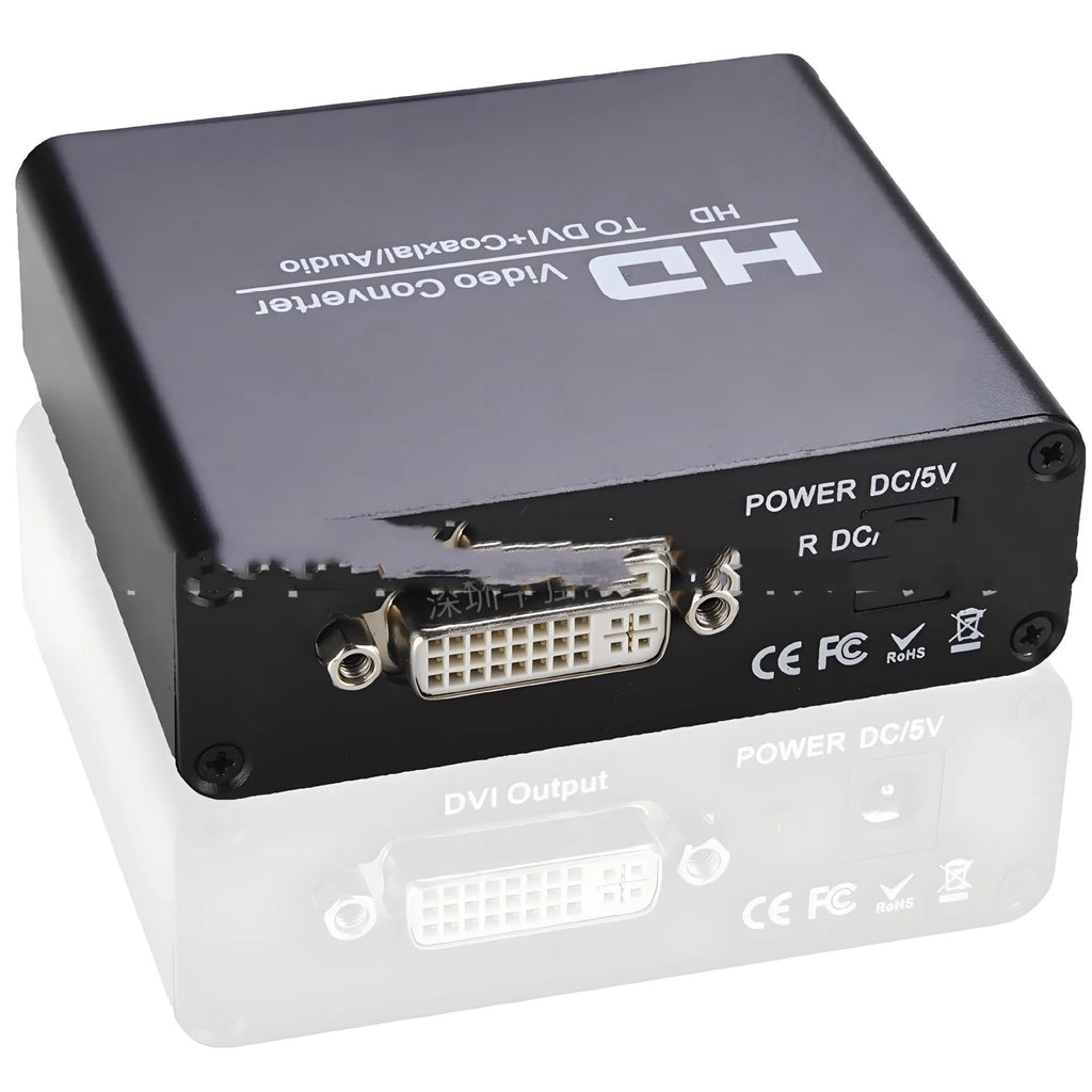 Black HDMI to DVI converter with coaxial audio output and 1.5 metre cables
