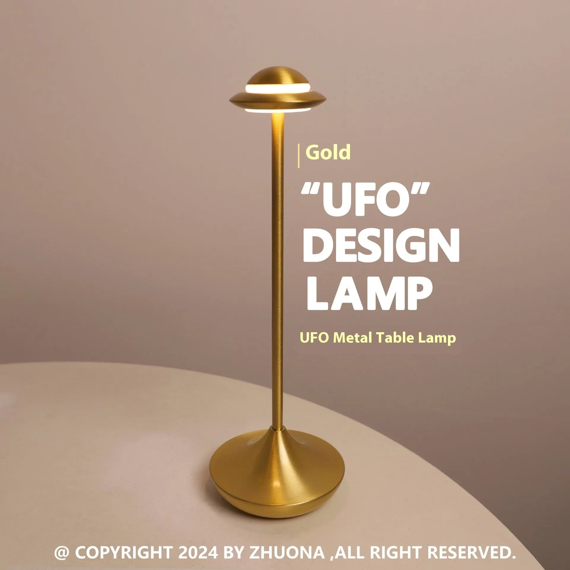 Creative metal UFO table lamp in black with touch dimming on a wooden desk.
