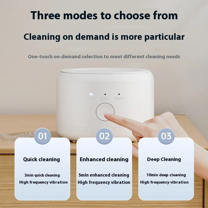 White ultrasonic tooth socket cleaning machine with 300ml tank, third gear timing, and 3-step thermostat on countertop