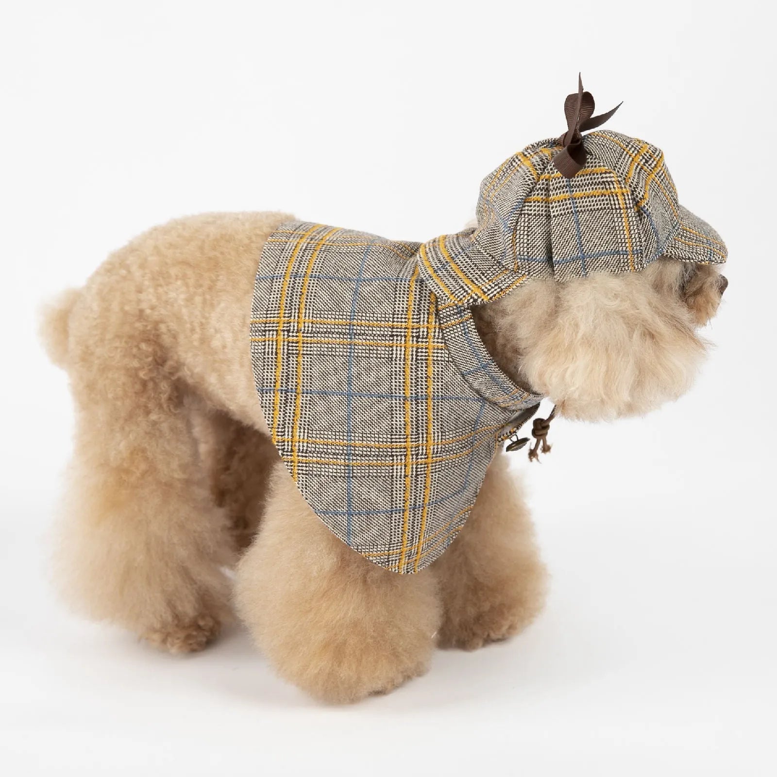 Camel coloured cotton pet cloak with adjustable hat showing six size options for dogs