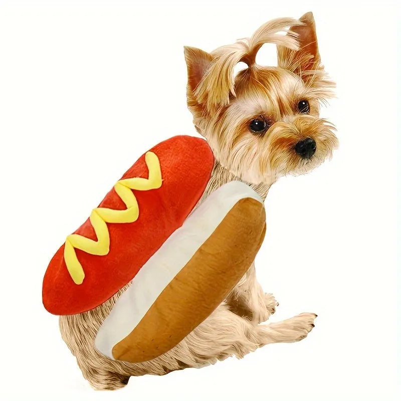 Small dog wearing a stuffed brown and beige hot dog costume with bun.