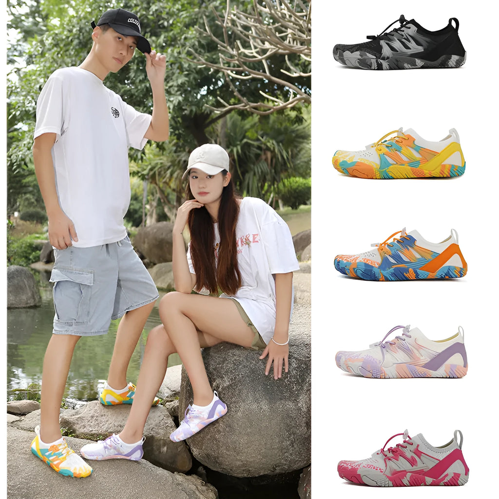 Men's and women's quick-drying wading beach shoes with mesh upper, non-slip rubber sole, and front lace-up design in multiple colours
