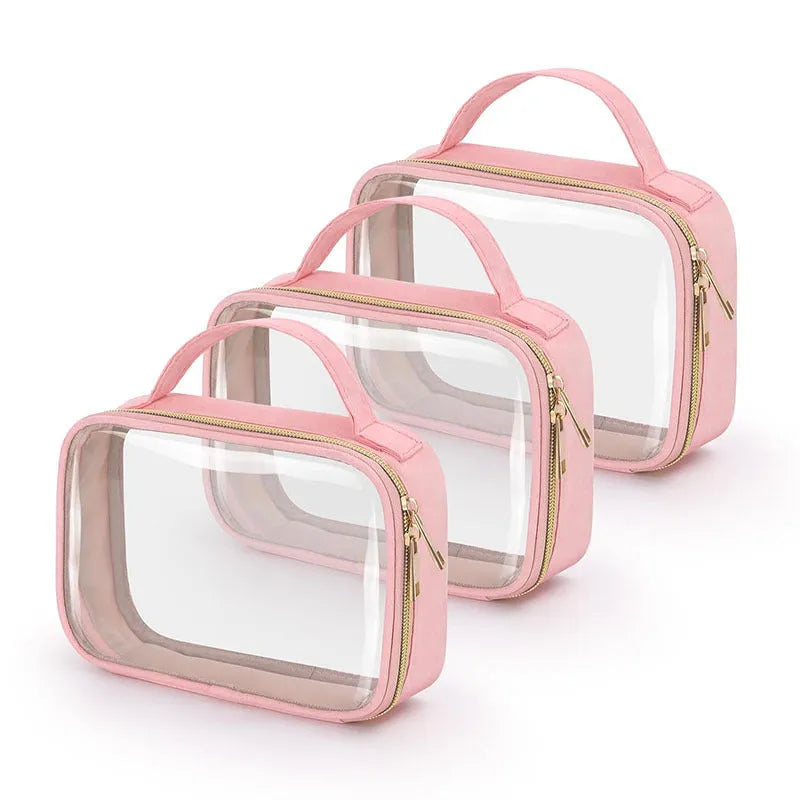 Transparent PVC wash bag with carrying chain for lipstick storage in multiple colour options