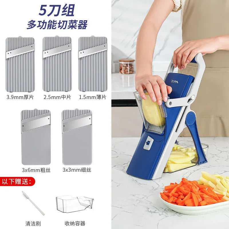 Purple vegetable chopper with wire planer on a kitchen counter