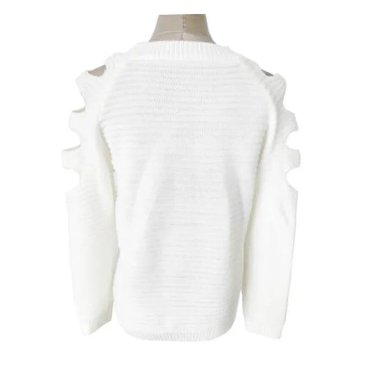 Women's grey crocheted hollow-out long-sleeved shirt with a round neck on a hanger