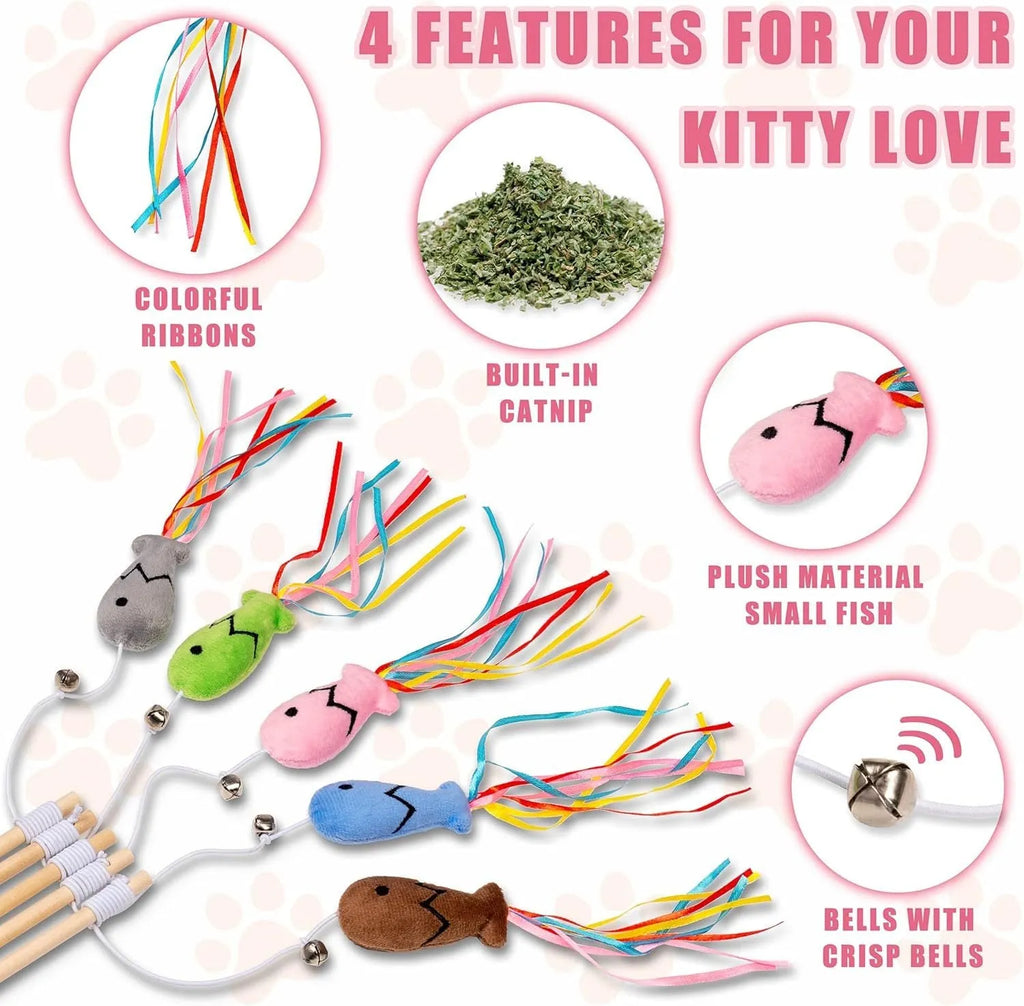 Wooden handle cat wand toy with catnip fish, ribbons and bell attachment in blue colour