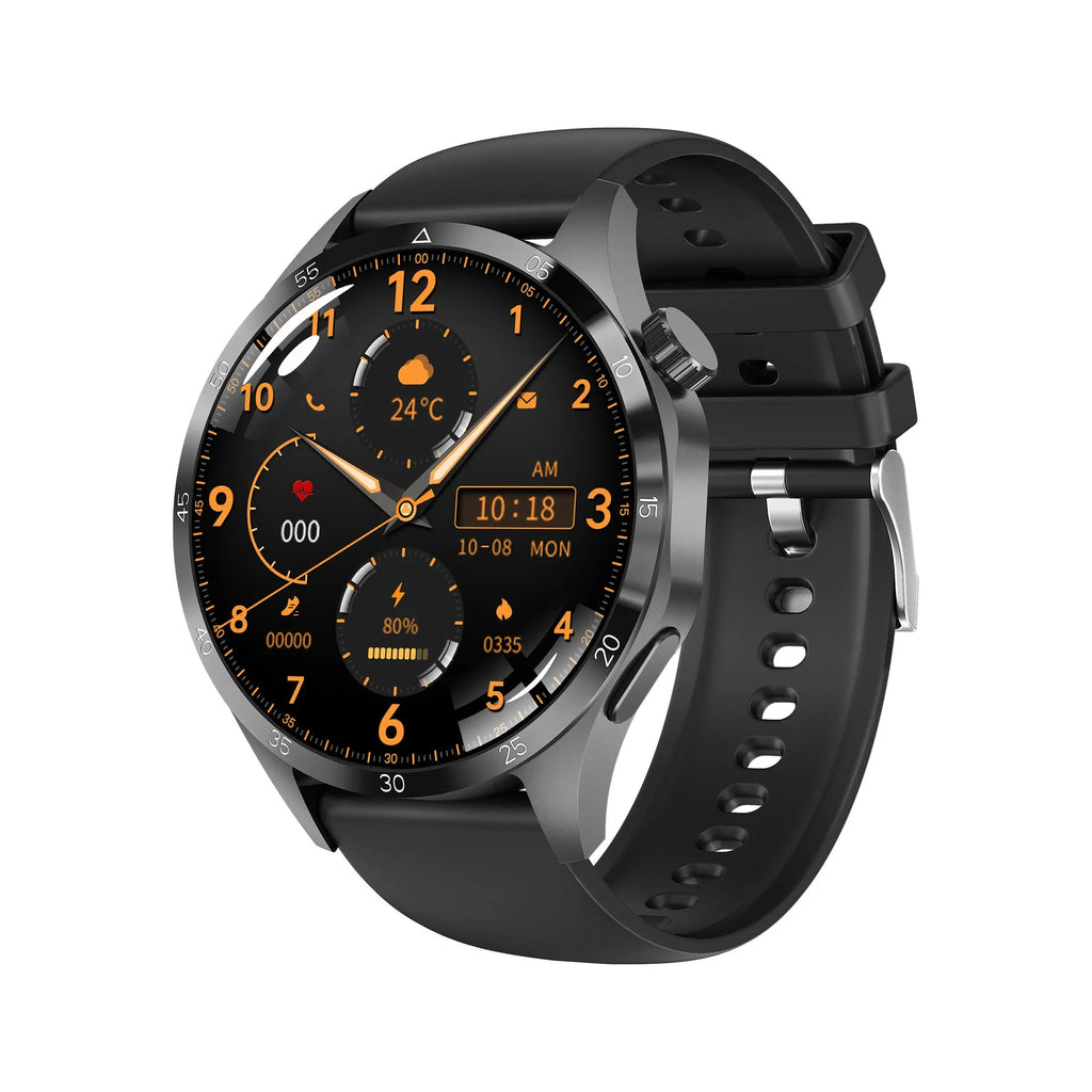 Black smartwatch with Bluetooth calling on a silicone strap, displaying health metrics on its TFT touch screen.