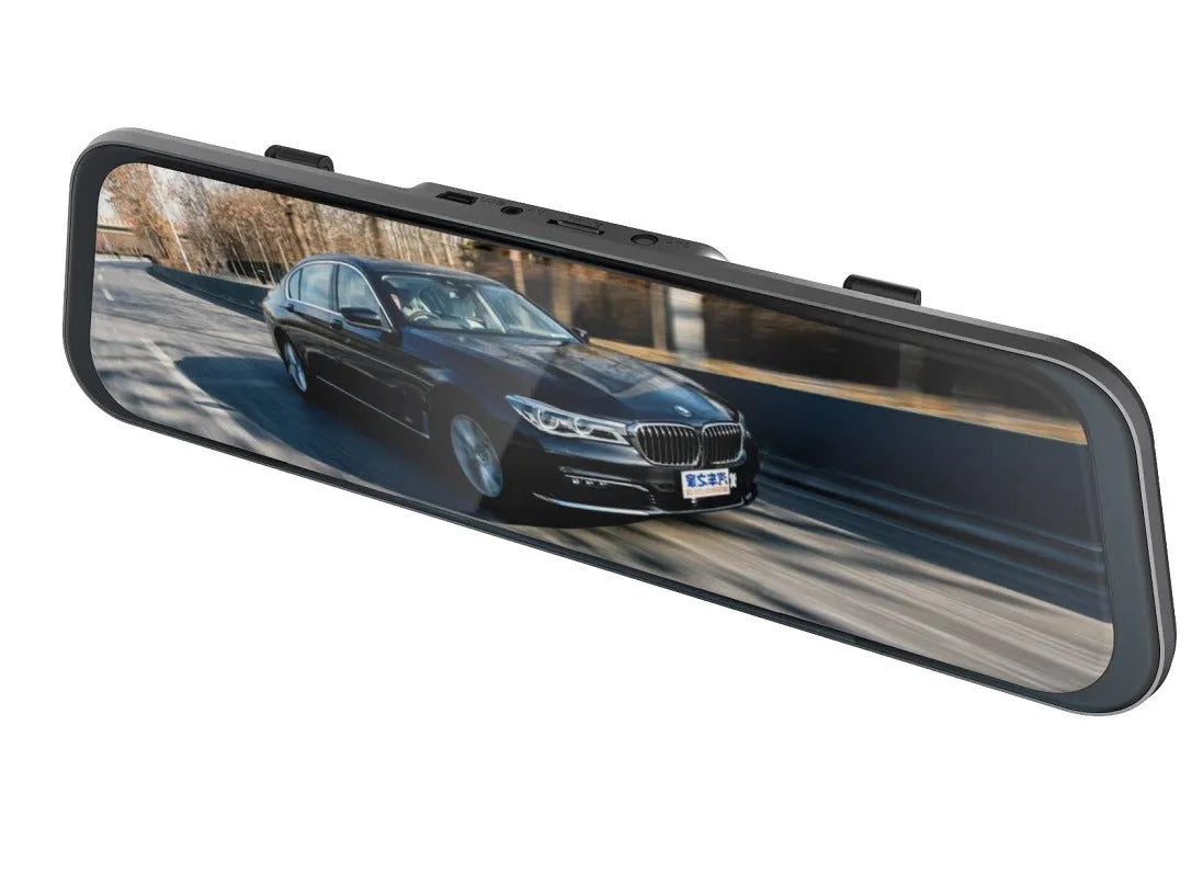 Black 10-inch touch screen dash camera rearview mirror with wide-angle lens for vehicle recording