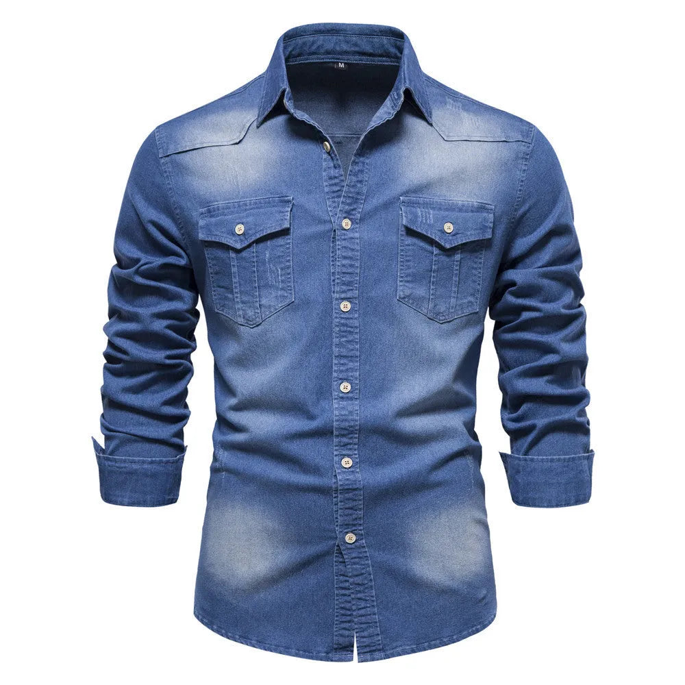 Men's long-sleeved slim fit denim shirt in solid colour cotton casual top