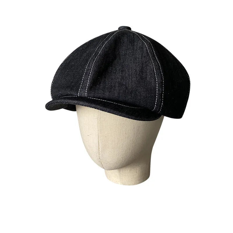 Black Japanese denim cotton beret with octagonal flat cap design